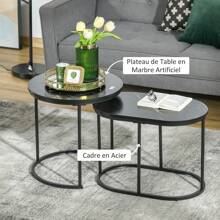 HOMCOM Lot de 2 tables basses tables d'appoint gigognes en métal et plateau MDF aspect marbre - Table ronde et ovale - noir - Noir - Voir 9