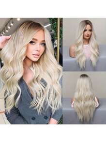 26英寸基本棕色漸層金色長波浪假髮,適合女性自然長波浪捲曲假髮,耐熱合成纖維假髮,日常穿著