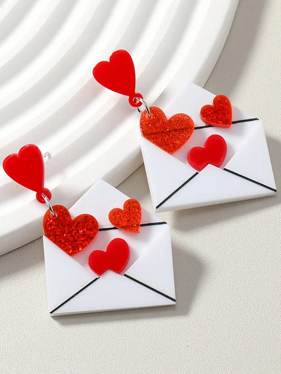 1pair Unique Acrylic Envelope Shaped Heart Earrings For Women, Valentine's Day Gift Valentines,Mom,Mother,Mother's Day,Gift - Multicolor - View 1