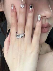 1個時尚女士婚戒,可調節的開放式設計,十字形鑲嵌鑽石,適合婚禮派對,晚宴派對,日常佩戴 - 銀色 - 查看 4