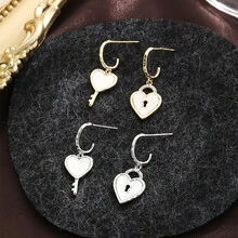 1pair Fashionable & Delicate French-Style Copper Plated 18k Gold Shell, Heart Lock & Key Shaped Dangle Earrings For Women Suitable For Dating & Holidays - Key Love Lock - View 2