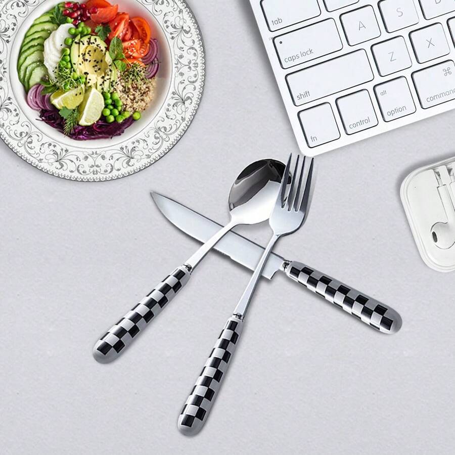 便攜式不銹鋼餐具套裝 - 3 件組陶瓷手柄可重複使用餐具套裝刀叉勺便攜式旅行旅行/露營辦公室午餐帶隨身攜帶箱 - 陶瓷手柄餐具套餐 - 查看 1