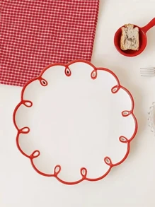 1pc White Ceramic Plate With Red Trim Edge, Ins Style Glazed Simple Vintage Wavy Pattern Plate, Cake Plate, Household Ceramic Tableware, Fruit Plate, Breakfast Plate, Steak Plate, Bread Plate Christmas Gift,School Supplies