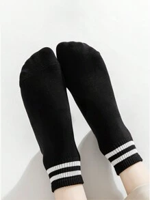10pairs/Set Women's Black & White Double Stripe Simple And Versatile Short Socks For School And Sports