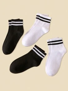 10pairs/Set Women's Black & White Double Stripe Simple And Versatile Short Socks For School And Sports