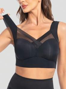 Women's Sports Seamless Mesh Patchwork Wireless Non-Padded Everyday Bra - Black - View 3