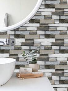 7入組復古3d磚紋牆貼紙,家用廚房浴室裝飾,防水防油 - 淺灰色 - 查看 6