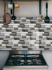 7入組復古3d磚紋牆貼紙,家用廚房浴室裝飾,防水防油 - 淺灰色 - 查看 8