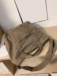 休闲复古厚水洗帆布手提包，大容量可折叠手提包，适合日常使用的单肩包，学院/大学生 - 卡其色 - 查看 5