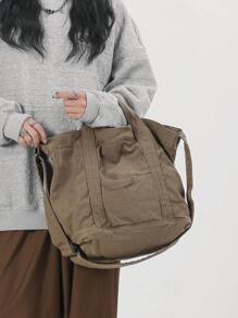 休闲复古厚水洗帆布手提包，大容量可折叠手提包，适合日常使用的单肩包，学院/大学生 - 卡其色 - 查看 3