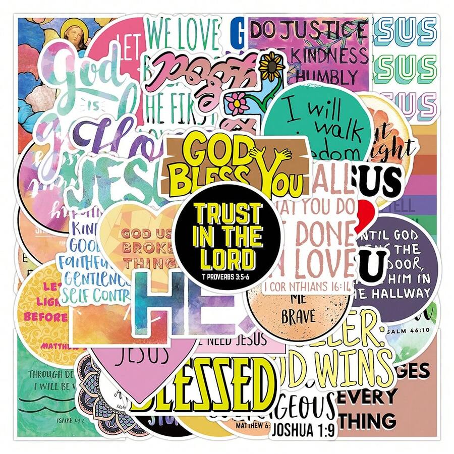 50pcs Cute Cartoon Jesus Stickers Ins Style Fashion Decorative Pattern Stickers For Glass, Cup, Notebook, Phone Case, Luggage, Fridge, Computer, Journal, Desk, Diy Art And Crafts, Self-Adhesive, Waterproof - Multicolor - View 1