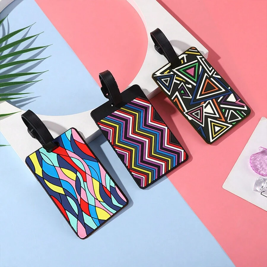 3pcs/Set Geometric Pattern Soft Rubber Grid Pvc Boarding Pass, Creative Soft Rubber Card Cover Luggage Tag, Luggage Check-In Tag Travel Accessory - Multicolor - View 1