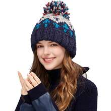 女士无檐便帽 冬季保暖翻边针织帽 带绒球滑雪帽 可作为礼物 - 藏蓝色 - 查看 2
