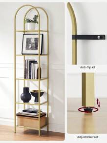 VASAGLE 5-Tier Shelf, Tempered Glass Shelving Unit, Arched Design, Steel Structure, For Living Room Bedroom Study Bathroom, Metallic Gold And Transparent - Gold - View 9