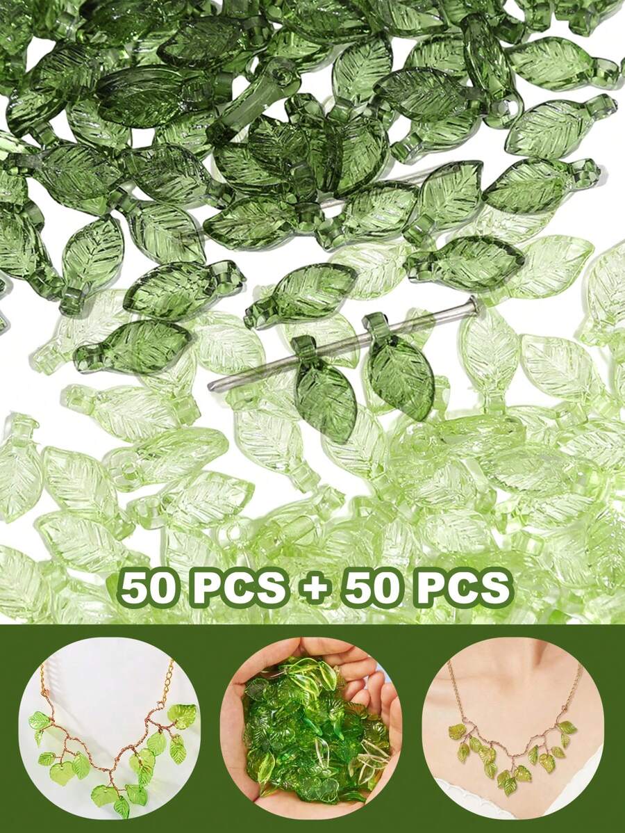 100Pcs Green Acrylic Leaf Beads Charms Transparent Maple Tree Leaves Pendants Cute Green Leaf Beads Caps For Jewelry Making Necklace Earring - Green - View 1