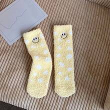 Autumn & Winter Coral Fleece Thickened Mid-Calf Socks Embroidered With Biscuit Pattern For Sleep Or Home Use - Pink - View 2
