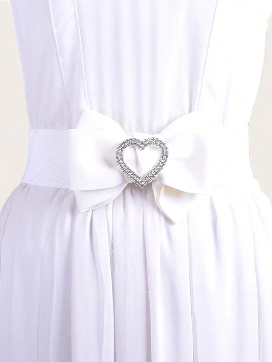 1pc Women's Bow Decorated Heart Buckle Rhinestone Inlaid Elastic Waist Belt - White - View 1