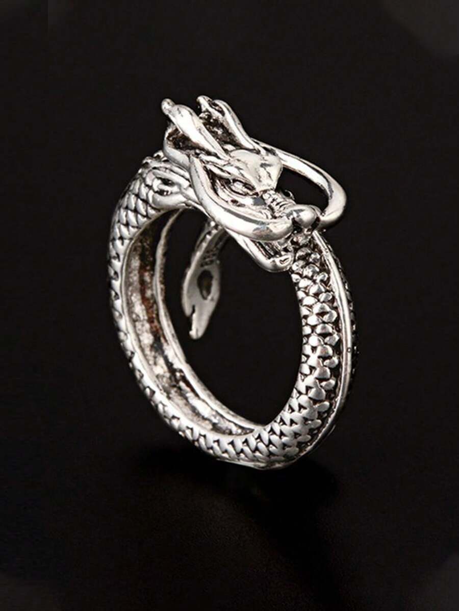 1入歐美風格復古龍形戒指,中性時尚街頭風裝飾品,開放式調節適用於女士 - 復古銀色 - 查看 1
