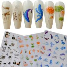 春季風荷塘水墨畫鯉魚、浪花、海豚、海洋主題自粘美甲貼紙,3入組