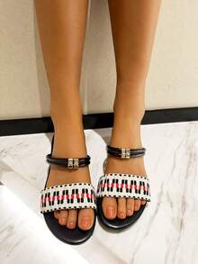 女式兩穿涼鞋夏季新款仙女風粗跟露趾高跟鞋編織鞋面拖鞋 - 黑色 - 查看 2