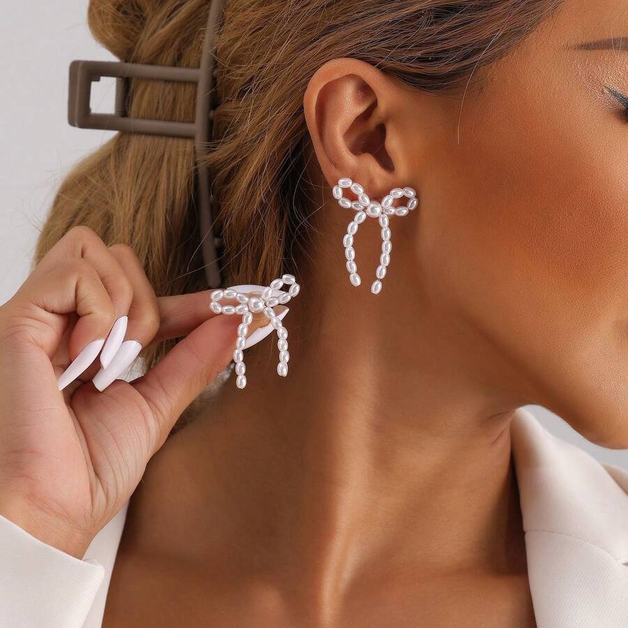 1對復古假珍珠蝴蝶結耳環 - 金色 - 查看 1