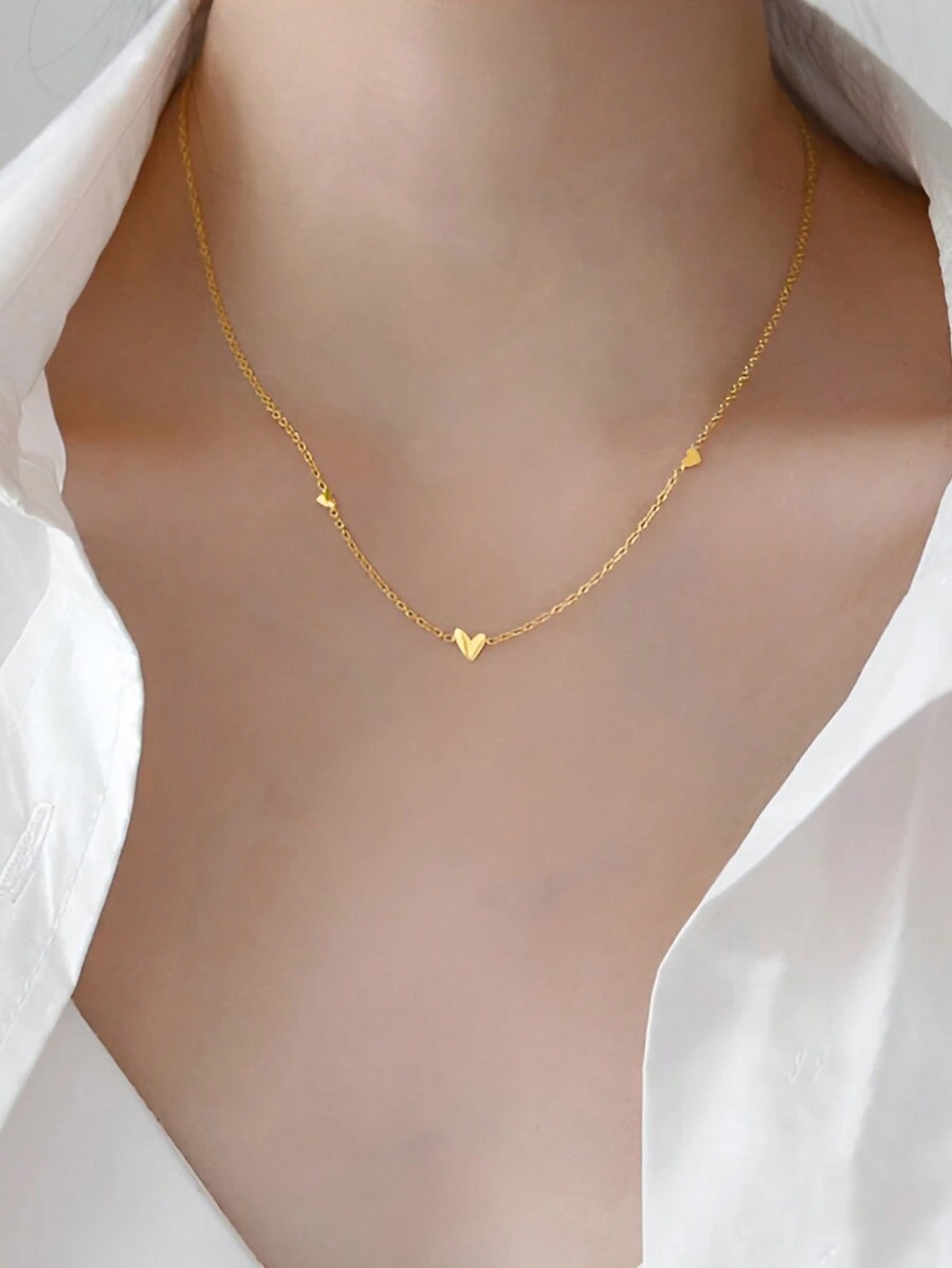 1pc Fashion Heart Decor Sterling Silver Necklace For Women For Gift - Gold - View 1