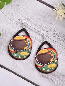 1對復古木製長型水滴耳環,女款彩虹吊墜耳環禮物 - 軍綠色 - 查看 2