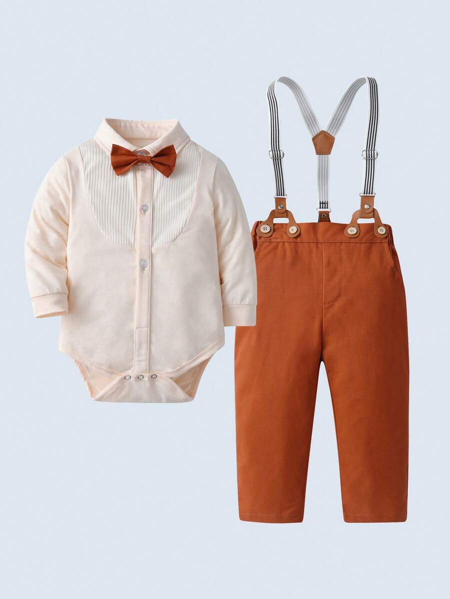 BOARNSEORL 2 件套男婴绅士服装套装，长袖衬衫配领结和吊带裤，适合生日派对、婚礼、周年纪念、圣诞节 - 杏色 - 查看 1