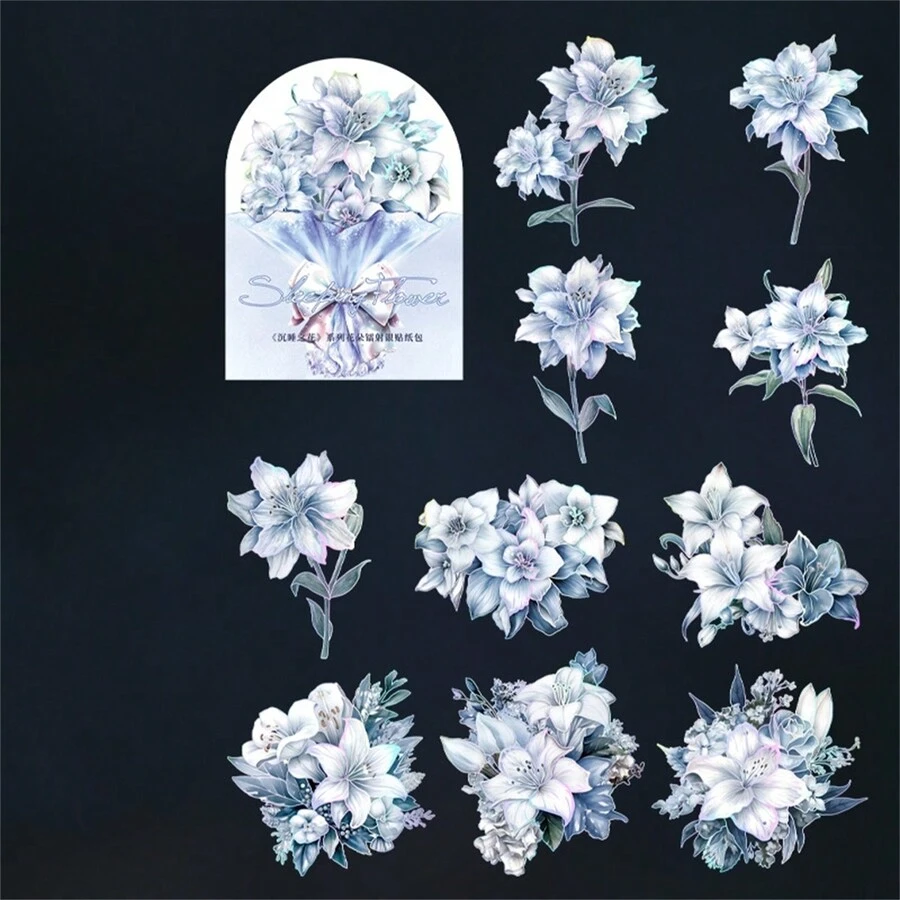 20入組睡蓮系列花卉激光銀色貼紙,用於日記裝飾 - 彩色 - 查看 1