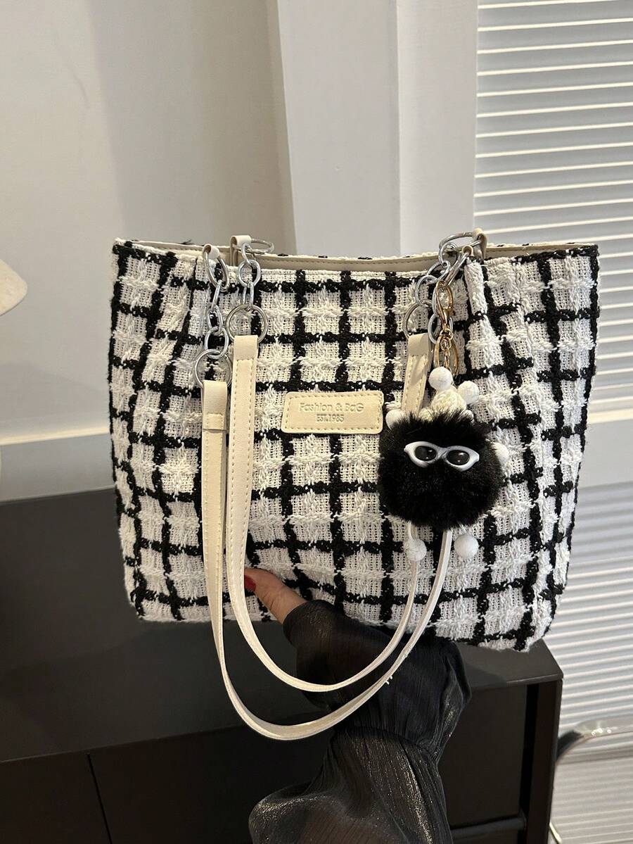 格紋鏈條休閒大容量輕便學院風購物單肩托特包