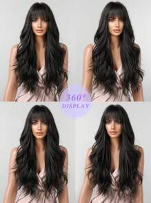 黑色合成鬍梢的長髮卷曲假髮,適用於女性日常穿著和角色扮演使用,耐熱 - 黑色 - 查看 7