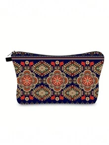 1入組曼陀羅圖案拉鍊收納袋,便攜式手拿化妝包,適用於節日慶典 - 黑與白 - 查看 1