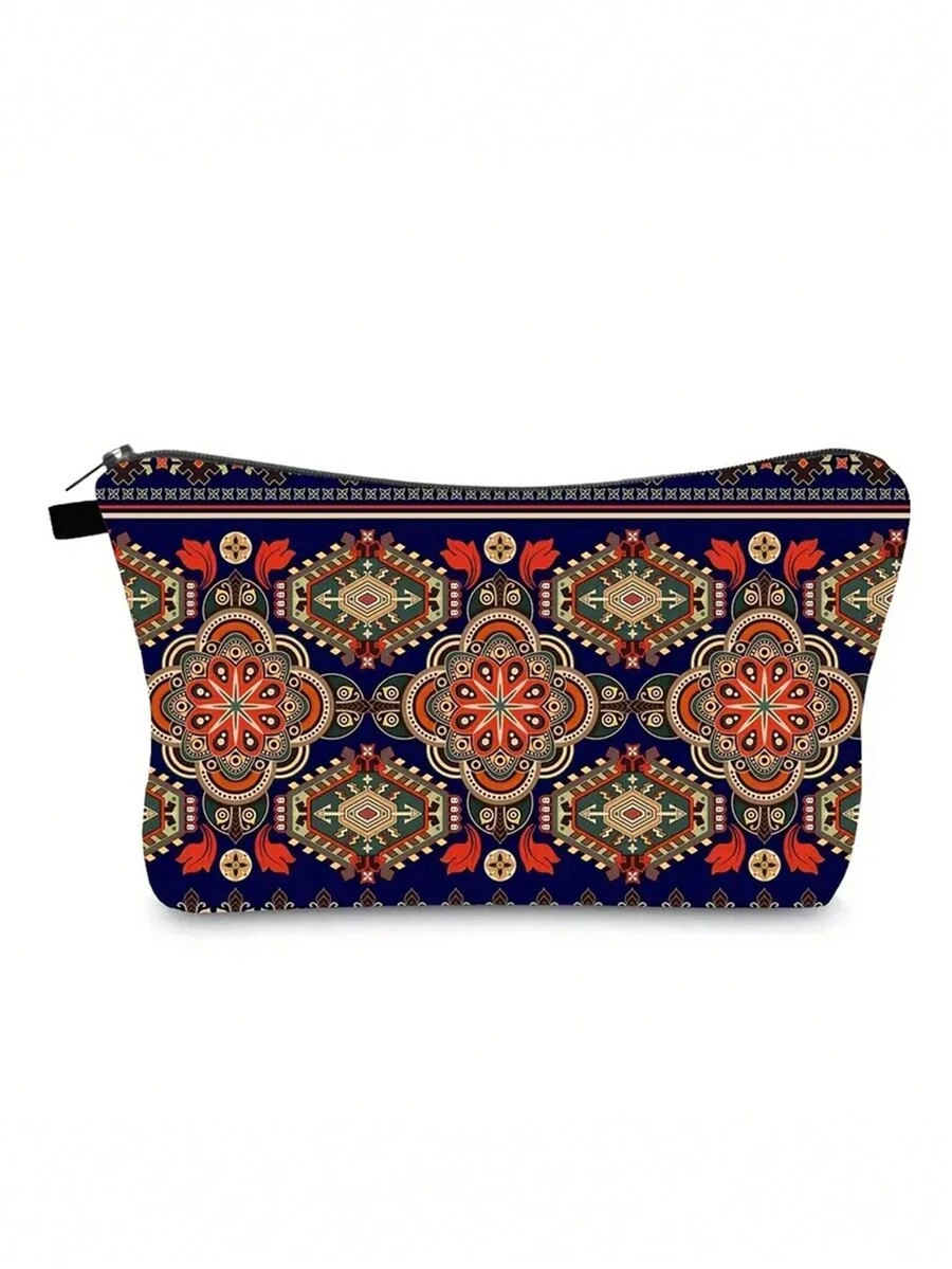 1入組曼陀羅圖案拉鍊收納袋,便攜式手拿化妝包,適用於節日慶典 - 黑與白 - 查看 1