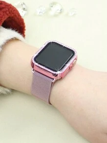 兼容 表带和表壳组合。时尚休闲，男女皆宜。这款二合一表壳采用柔软透气、可调节的环形不锈钢编织磁扣表带，镶嵌闪亮水钻，防摔防刮，PC 材质，并覆有钢化玻璃保护膜。兼容 Series Ultra/11/10/9/8/7/6/5/4/3/Se，搭配 38/40/41/42/44/45/46/49 毫米表带和表壳。 - 玫瑰粉 - 查看 3