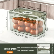 1pc Good Looking Horizontal Refrigerator Storage Box, Transparent Box With Handle And Timer, Storage Box With Drainage Tray, Stackable Fruit Vegetable Crisper, Food Storage Containers, Home Kitchen Utensil - Green - View 11