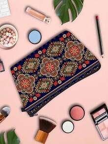 1入組曼陀羅圖案拉鍊收納袋,便攜式手拿化妝包,適用於節日慶典 - 黑與白 - 查看 5