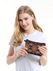 1入組曼陀羅圖案拉鍊收納袋,便攜式手拿化妝包,適用於節日慶典 - 黑與白 - 查看 6