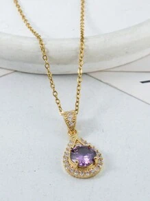 1入時尚的鍍金水滴吊墜項鍊,鑲有立方氧化鋯,適合女性日常佩戴 - 紫色 - 查看 1