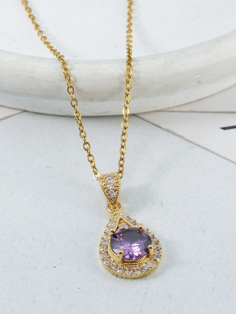 1入時尚的鍍金水滴吊墜項鍊,鑲有立方氧化鋯,適合女性日常佩戴 - 紫色 - 查看 1