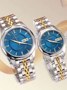 2 件情侣机械表，自动，夜光，双日历，多功能腕表 - 藍色 - 查看 1