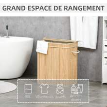 HOMCOM Panier à linge en bambou avec couvercle et poignées capacité 90 litres avec 2 sections et un sac amovible en tissu - 54,2 x 35,2 x 59,5 cm - Kaki - Voir 8