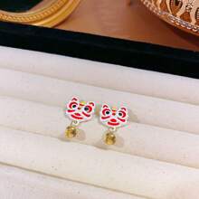 女風獅子形耳環,設計獨特,百搭,新年時尚,紅色耳環 - 紅色 - 查看 4