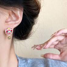 女風獅子形耳環,設計獨特,百搭,新年時尚,紅色耳環 - 紅色 - 查看 3