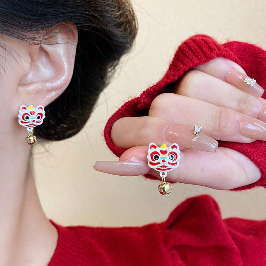女風獅子形耳環,設計獨特,百搭,新年時尚,紅色耳環 - 紅色 - 查看 1