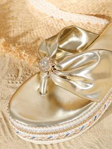 Women's Rhinestone Embellished Chunky Heel Flip Flop Sandals - Gold - View 5