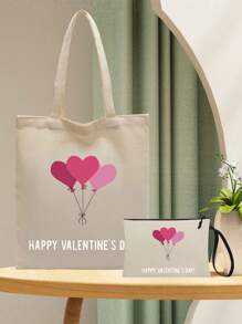 2 件/組時尚簡約情人節主題手提包,配有配套印花小收納袋,非常適合日常使用,適合學生；收納飯盒等帆布包、裝書電腦包、（情人節主題印花） - 米色 - 查看 1