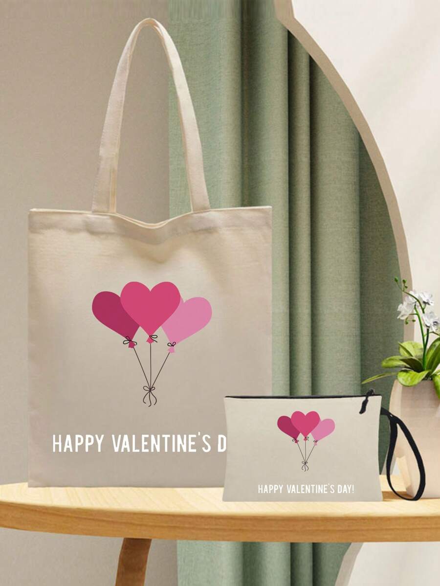 2 件/組時尚簡約情人節主題手提包,配有配套印花小收納袋,非常適合日常使用,適合學生；收納飯盒等帆布包、裝書電腦包、（情人節主題印花） - 米色 - 查看 1