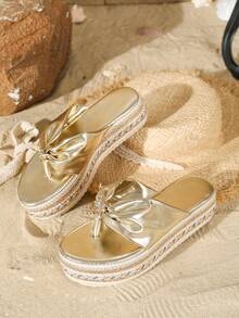 Women's Rhinestone Embellished Chunky Heel Flip Flop Sandals - Gold - View 6