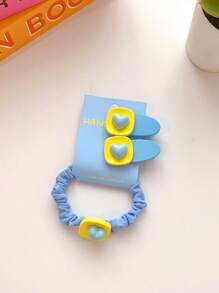 3pcs/Set Children Candy-Colored Hairclip Set, Includes Heart-Shaped Hairpin, Side Oval Hairclip, Bowknot Scrunchie - Multicolor - View 1