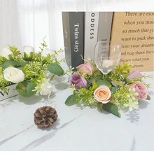 1pc Artificial Mini Candle Wreath Pillar Decoration Candlestick Floral Wedding Rose Table Centerpiece Decoration - Mauve Purple - View 4